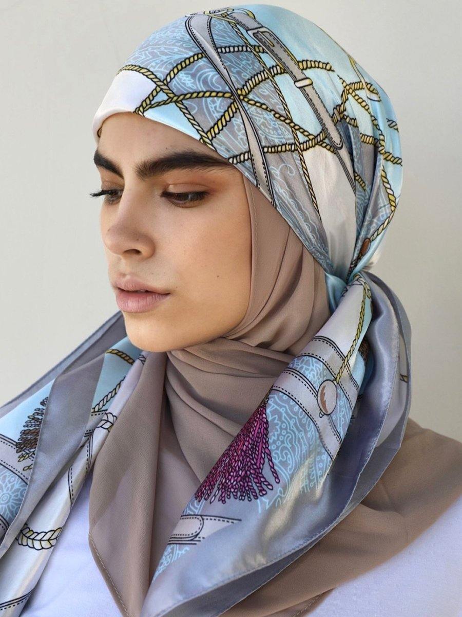 Aqua Tassel Square Satin Silky Scarf - Divinity Collection