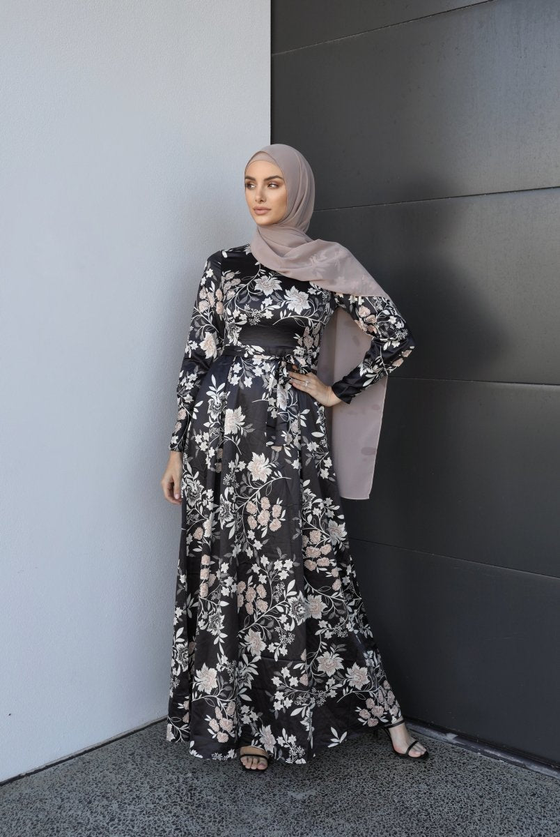Noir Blossom Satin Maxi Dress Noir Blossom Satin Maxi Dress