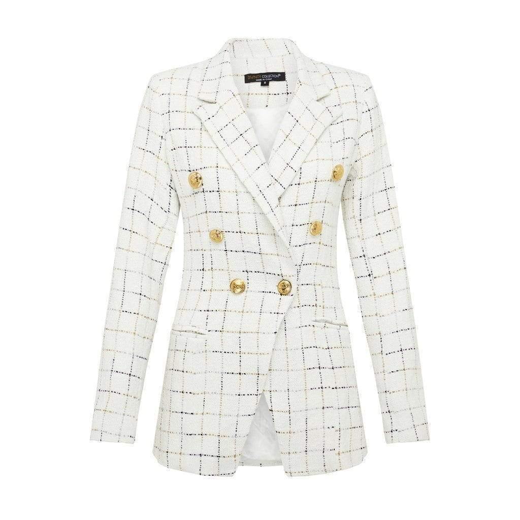 Off White and Gold Tweed Checked Blazer with Gold Buttons - Divinity Collection