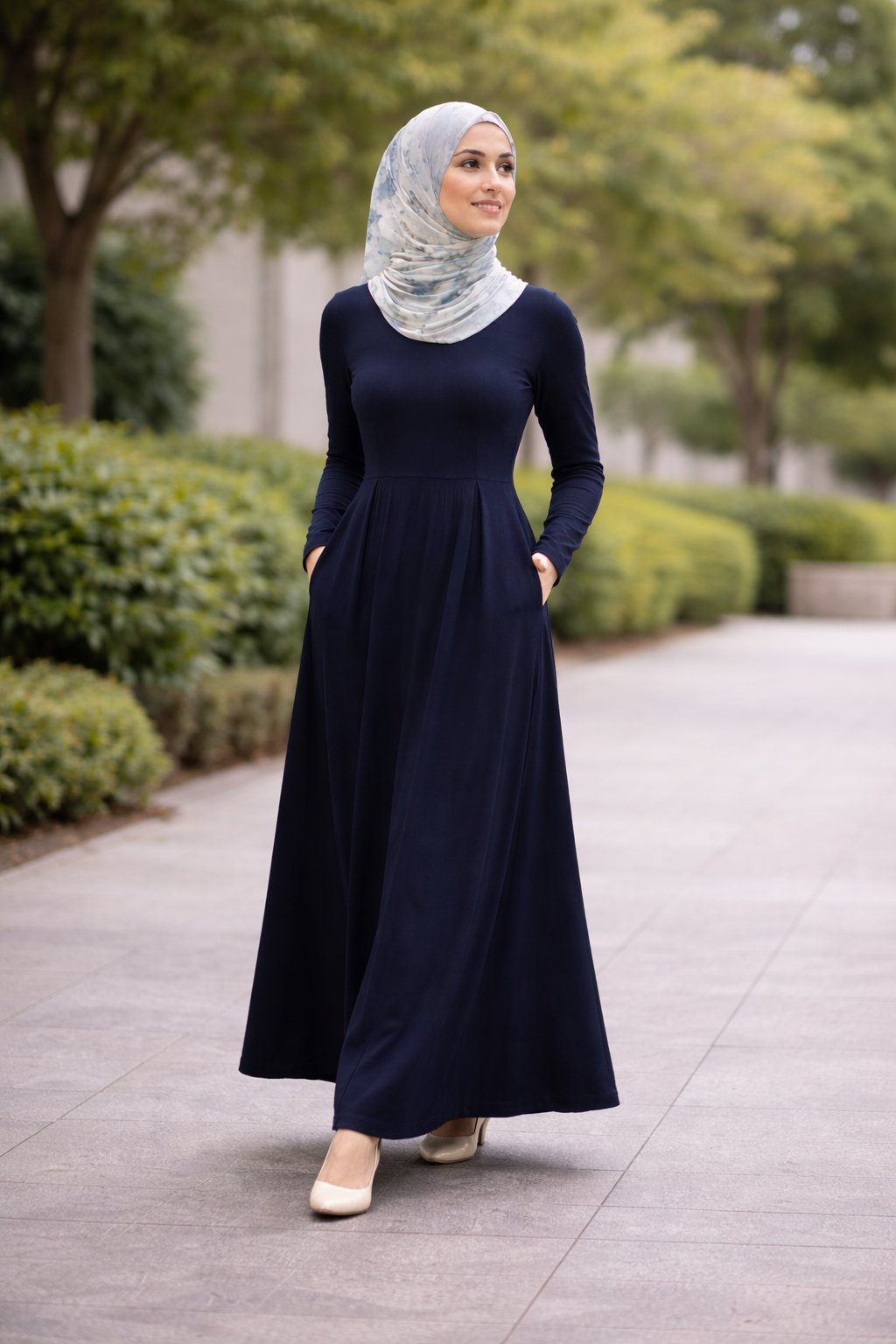 The Essential Ponte Pleated Maxi – Navy | Discreet Side Pockets