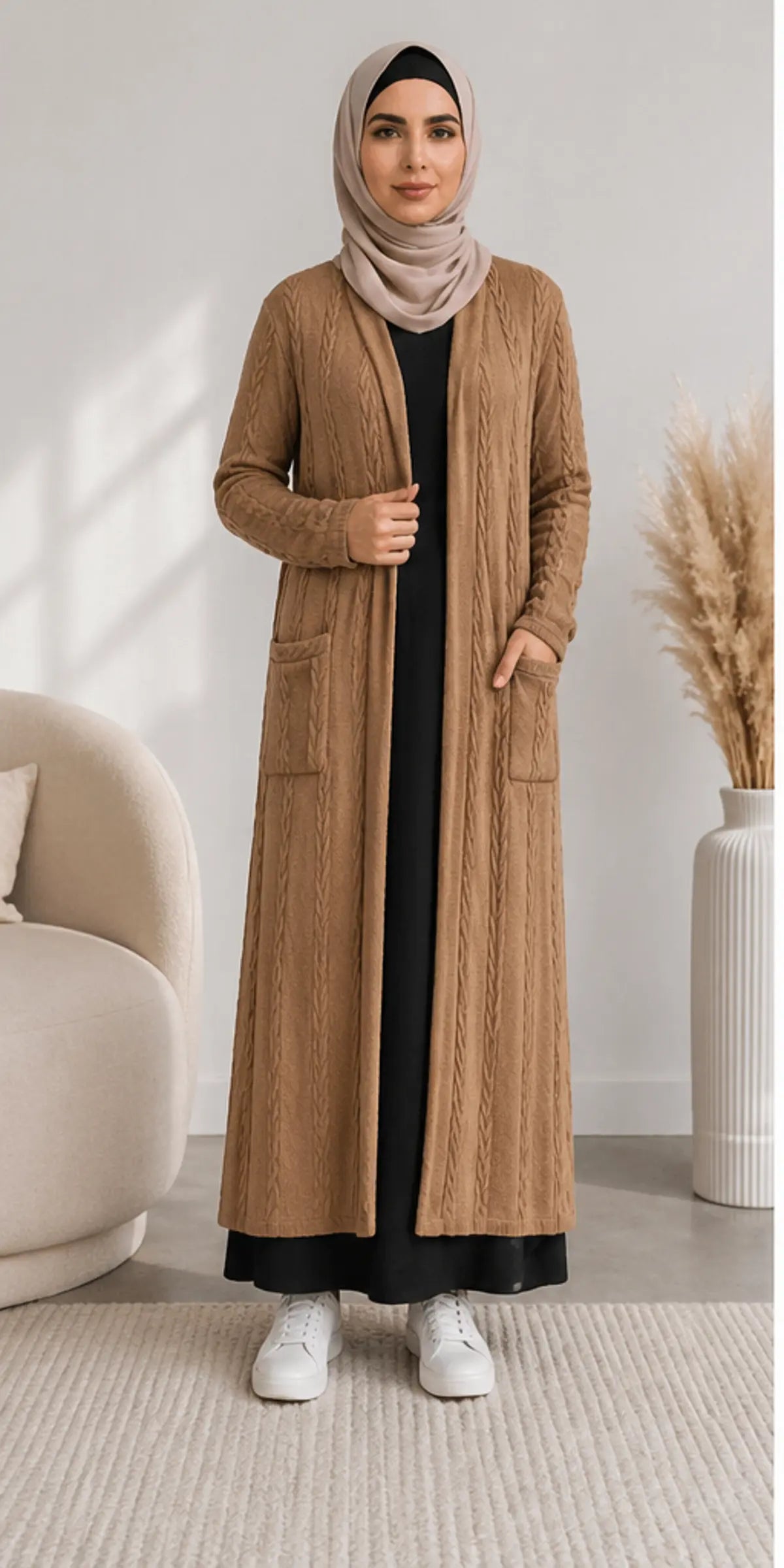 Cable Knit Long Cardigan - Camel
