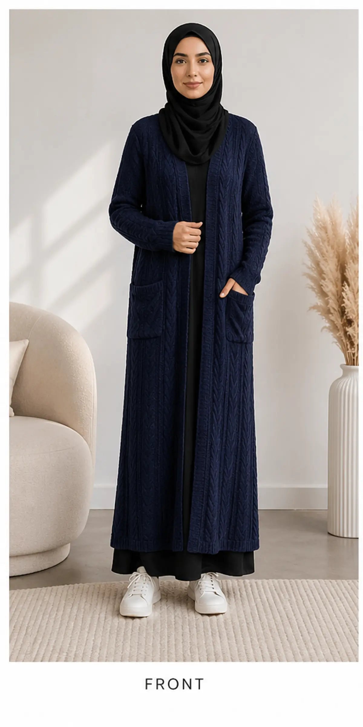 Cable Knit Long Cardigan - Navy