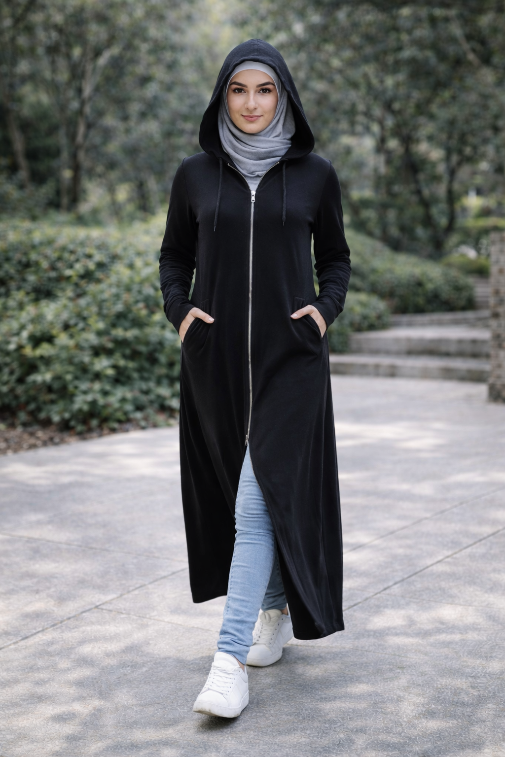 Zipper Long Hoodie Maxi Coat - Black