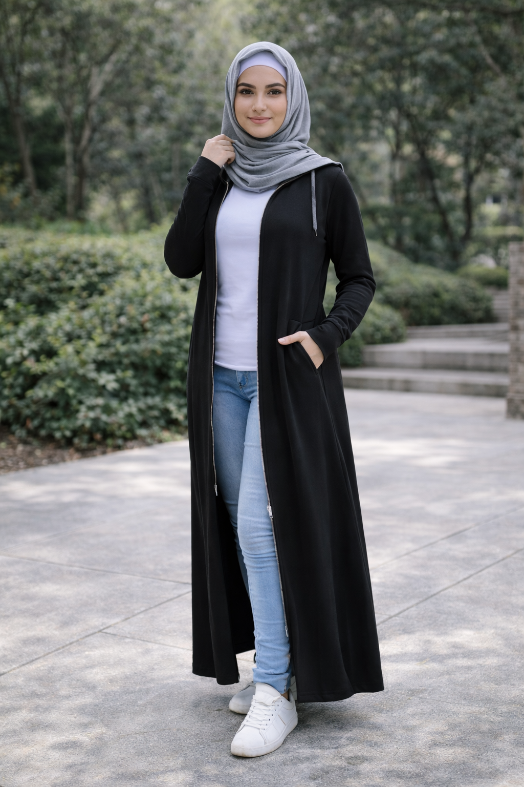 Zipper Long Hoodie Maxi Coat - Black