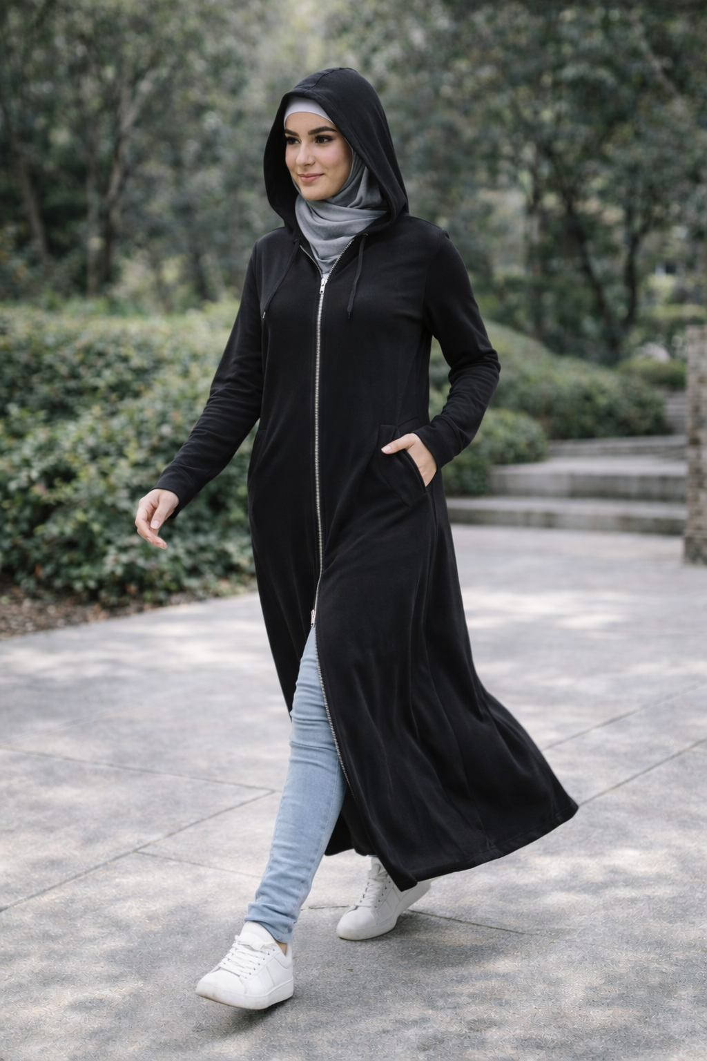 Zipper Long Hoodie Maxi Coat - Black
