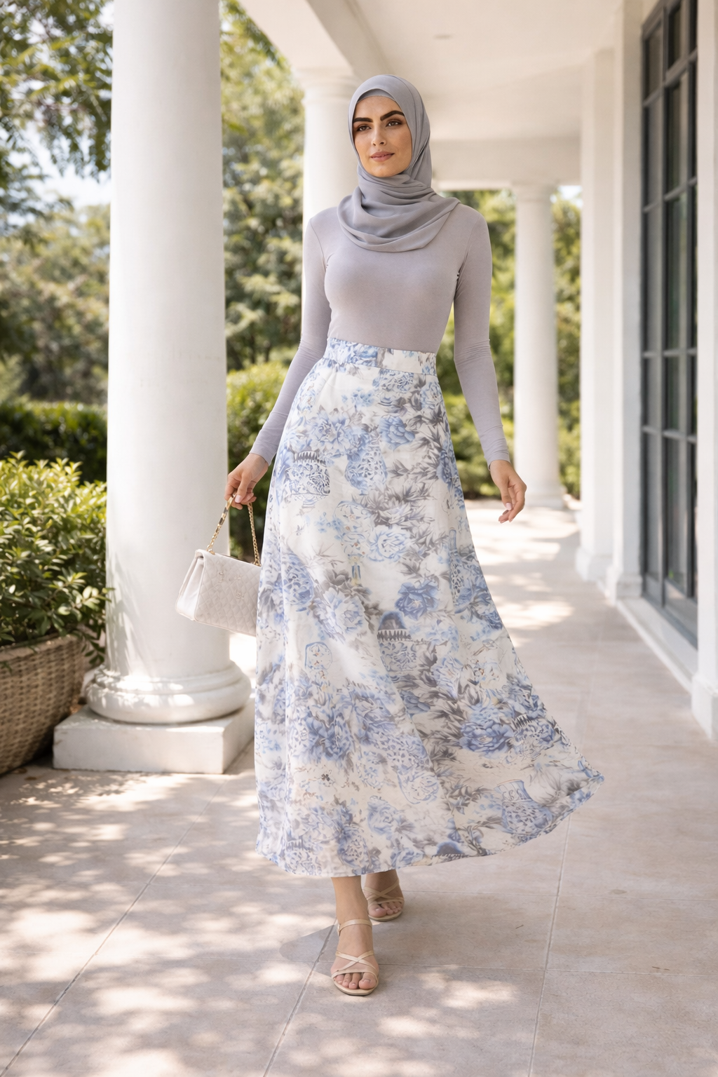 Paradise 100% Silk Maxi Skirt – Blue Floral Modest Skirt (Luxury Lightweight Silk)