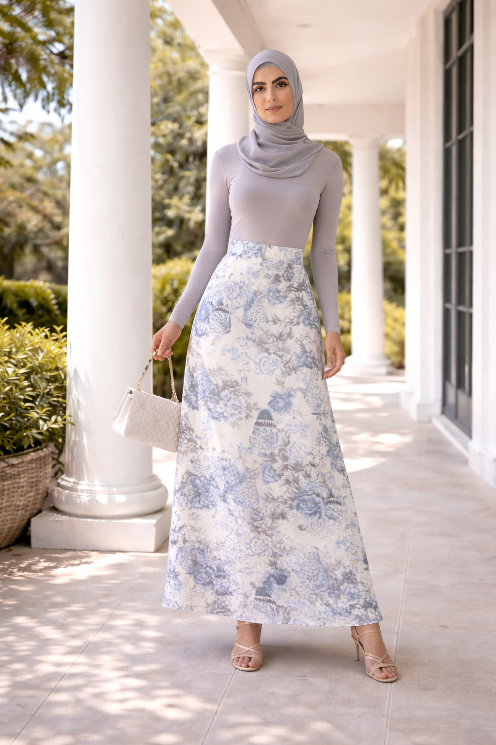 Paradise 100% Silk Maxi Skirt – Blue Floral Modest Skirt (Luxury Lightweight Silk)