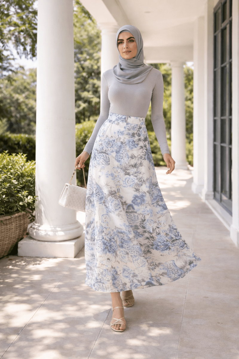 Paradise 100% Silk Maxi Skirt – Blue Floral Modest Skirt (Luxury Lightweight Silk) - Divinity Collection