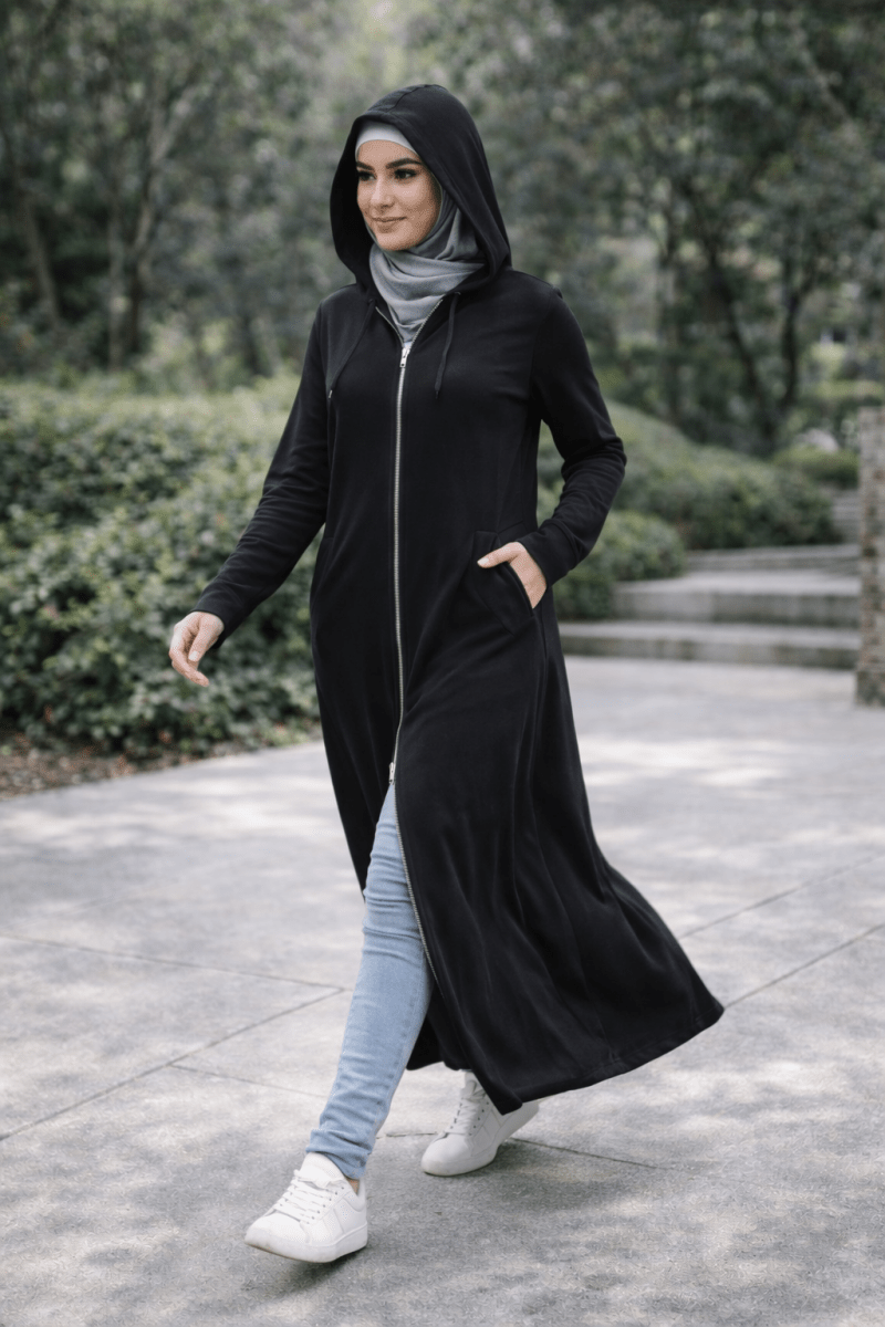 Zipper Long Hoodie Maxi Coat - Black - Divinity Collection