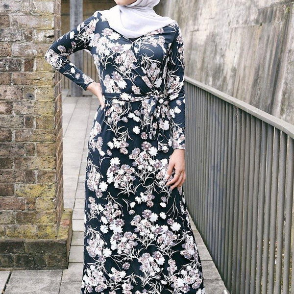 white christmas dresses Black and Cream Floral Wrap Dress