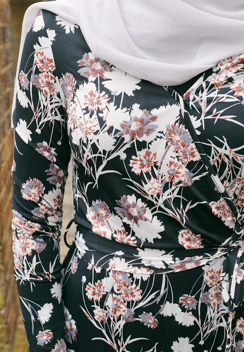 Black and Cream Floral Wrap Dress | Divinity Collection Black and Cream Floral Wrap Dress | Divinity Collection