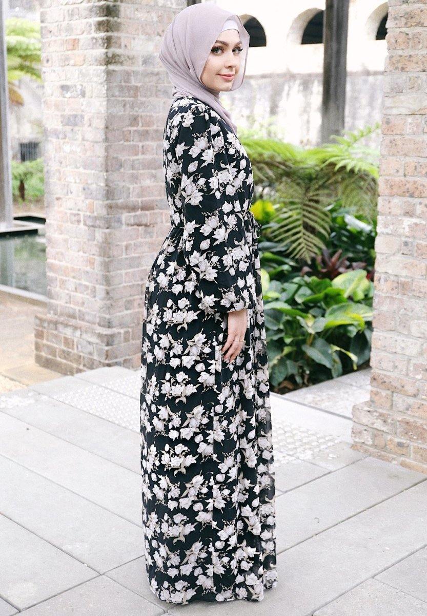 Black and Dusty Purple Drawstring Floral Lace Dress | Divinity Black and Dusty Purple Drawstring Floral Lace Dress | Divinity