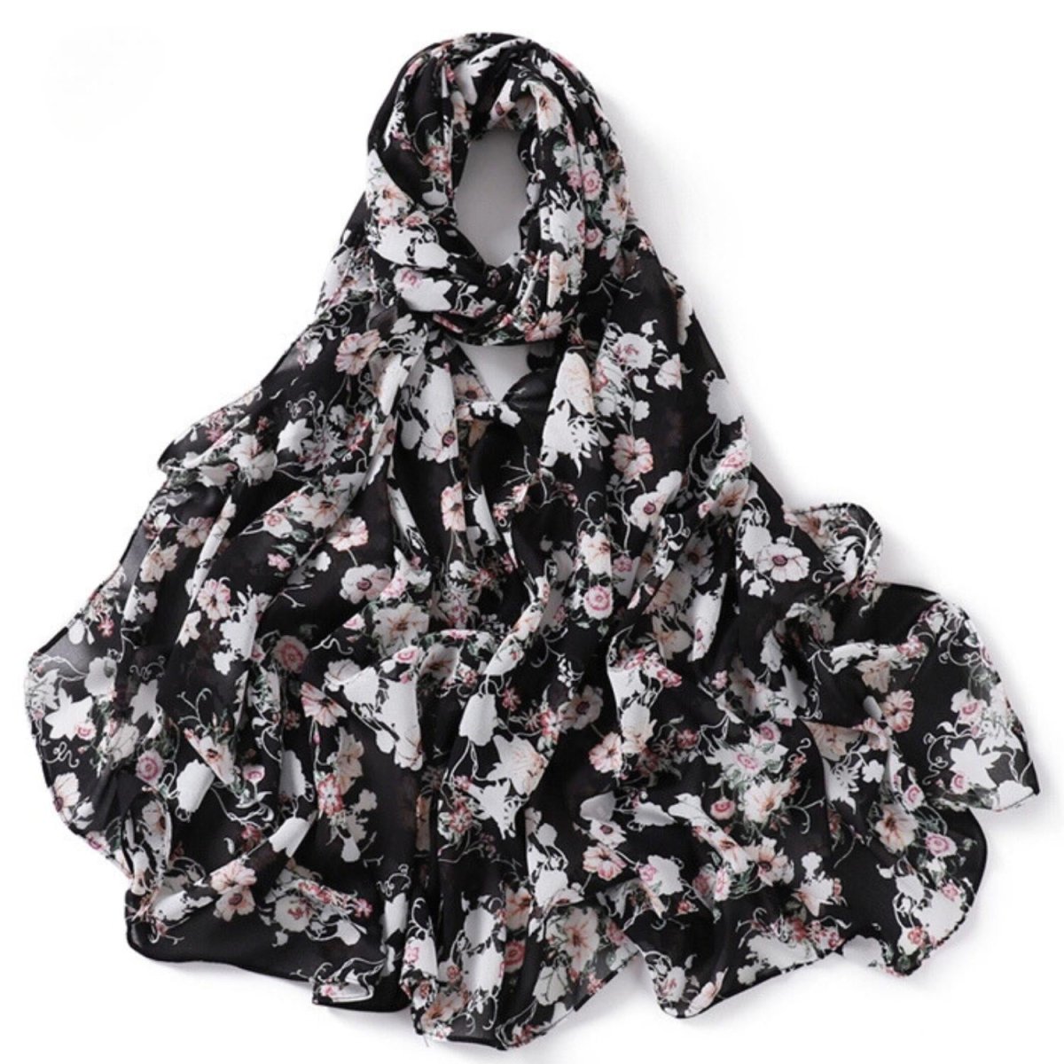 Black White and Pink Floral Hijab - Divinity Collection
