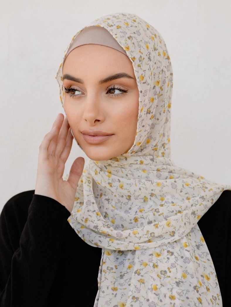 Off White Summer Floral Hijab - Divinity Collection