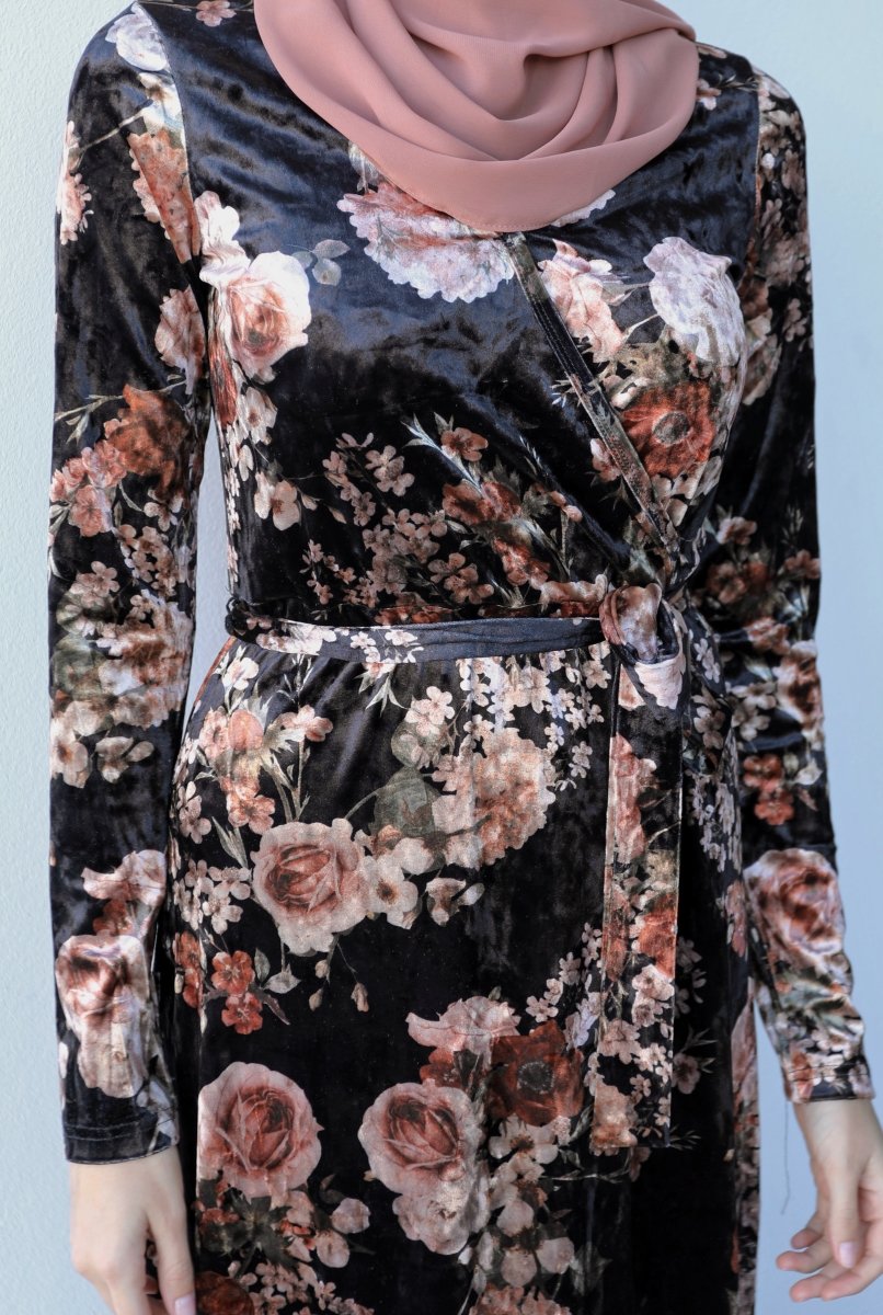 Velvet Black Bouquet Wrap Dress - Divinity Collection