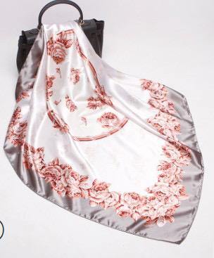 White and Grey Rose Square Satin Silky Scarf - Divinity Collection
